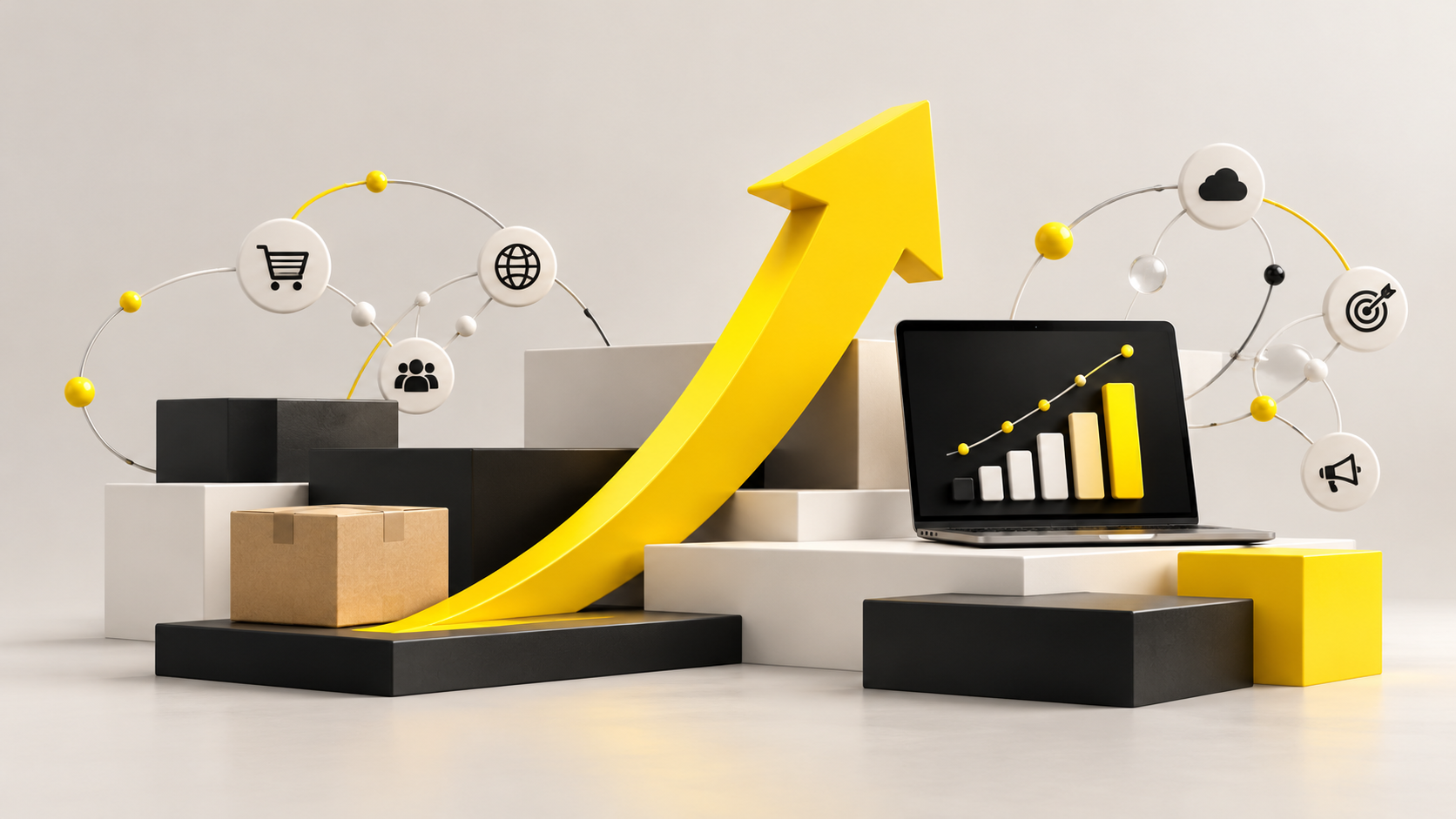 Ecommerce and digital growth: parcel, laptop and yellow arrow.